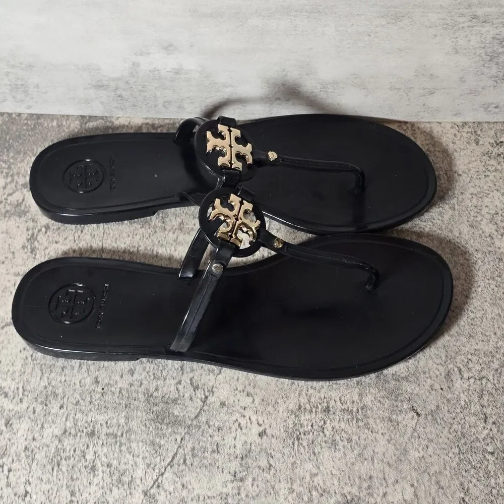 Tory Burch Black Jelly Miller Thong Sandals with Gold Logo